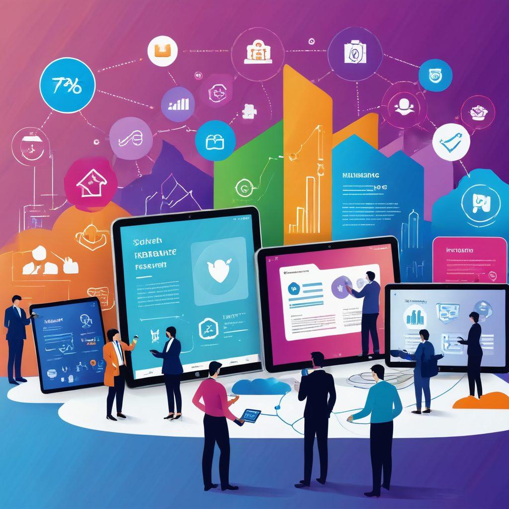 A digital landscape depicting a modern insurance marketplace, featuring a diverse group of people engaging with various digital devices. Include graphs and charts symbolizing tools and reviews for informed decision-making. Overlay icons of insurance symbols like shields and documents. The atmosphere is bright and inviting, suggesting clarity and trust. vibrant colors. vector art.