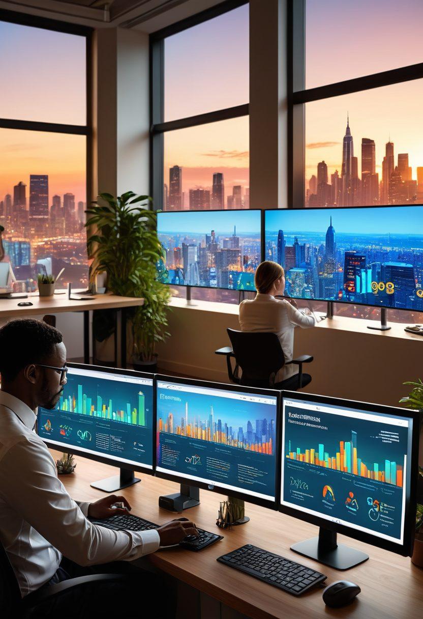 A modern office scene with a diverse group of professionals analyzing various digital insurance plans on multiple screens. Include infographics and charts illustrating the benefits of each option, with thoughtful expressions on their faces. A cozy ambiance with warm lighting, plants, and a large window showing a city skyline in the background. super-realistic. vibrant colors. 3D.