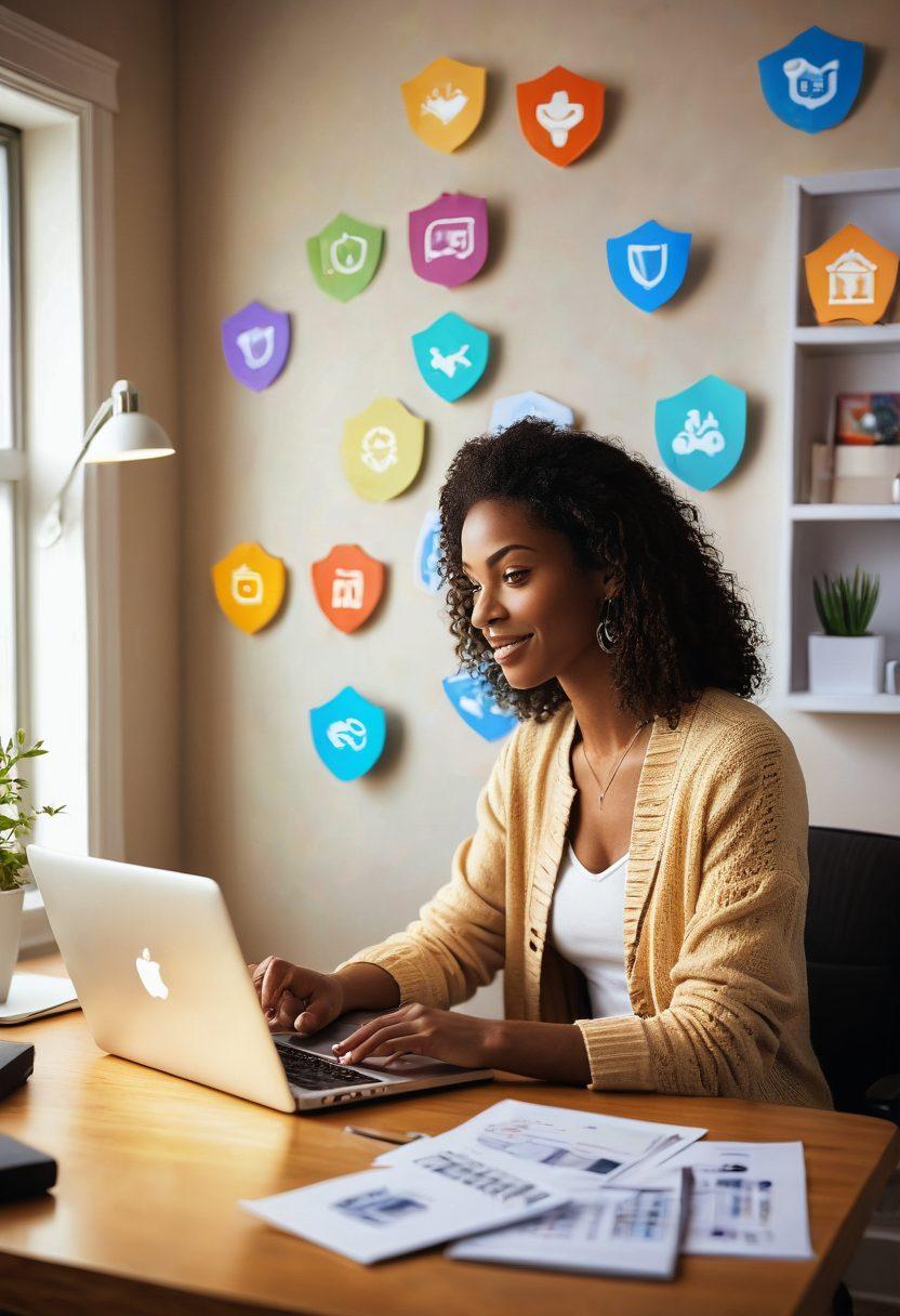 A friendly person using a laptop at a cozy home office, surrounded by digital insurance symbols like shields, checklists, and calculators floating around them. The scene conveys a sense of ease and confidence in navigating online coverage options. Warm, inviting colors with a soft glow to highlight the person's focused expression. vector art. vibrant colors. white background.